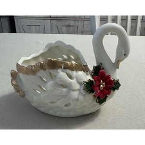 Vintage Swan Planter Bowl White‎ Ceramic Gold Trim Poinsettia Christmas Decor